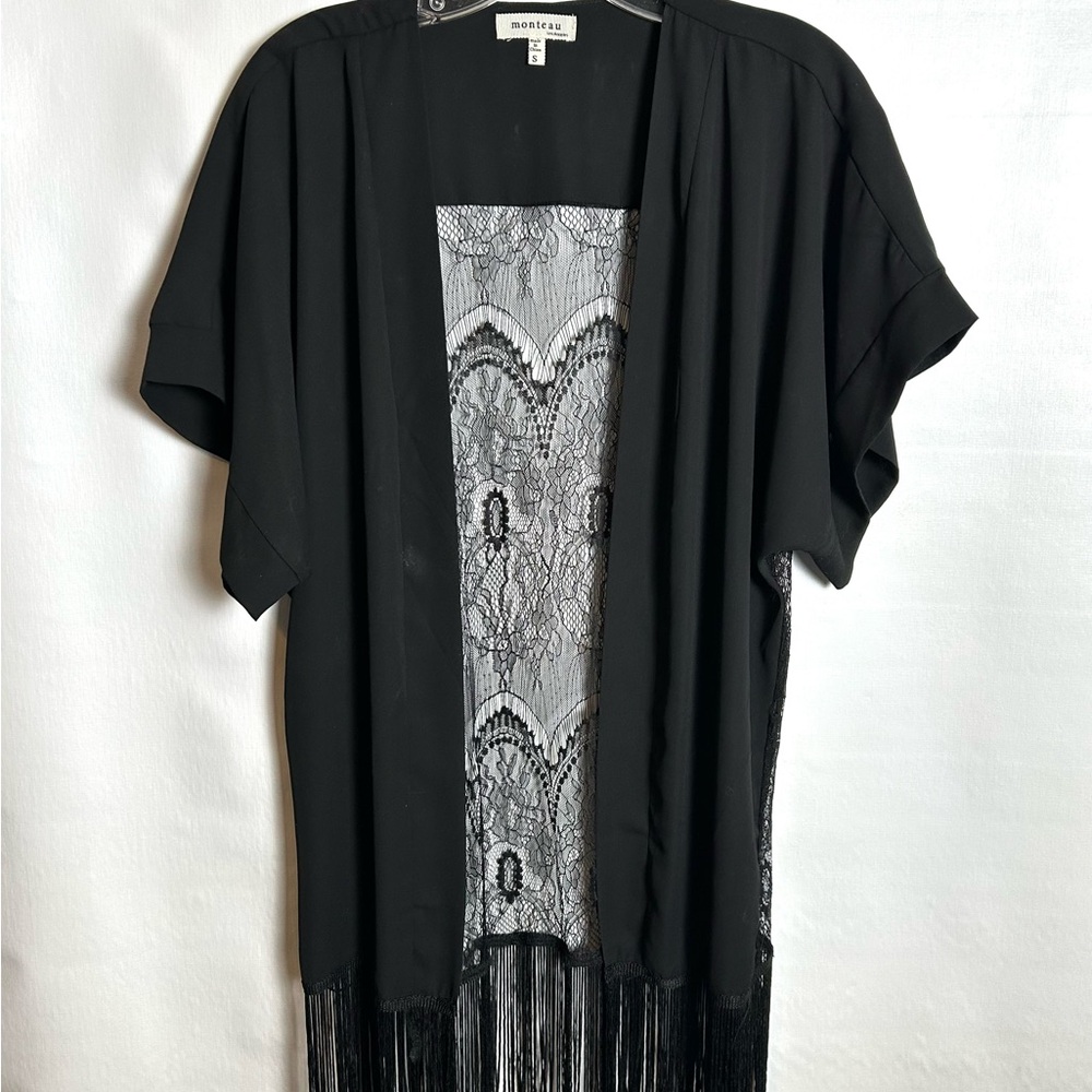 Lace & Fringe Black Kimono Wrap Cardigan Jacket - Size S (Oversized)